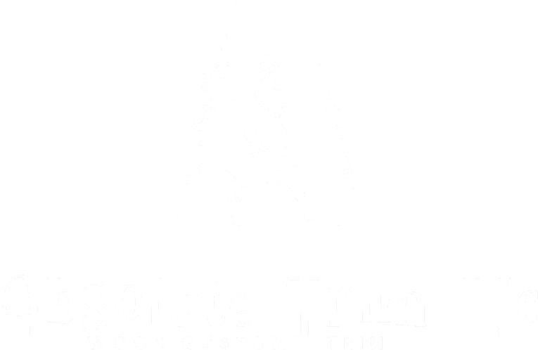 Logo for Absolute Trim LLC with text "Wood Custom Trim" and a stylized letter 'A' in front of a dark, abstract background.